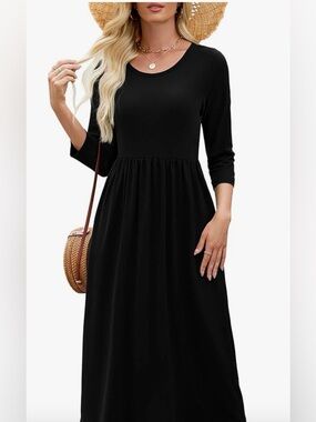 Women's Black 3/4 Sleeve Maxi Dress with Gathered Waist
